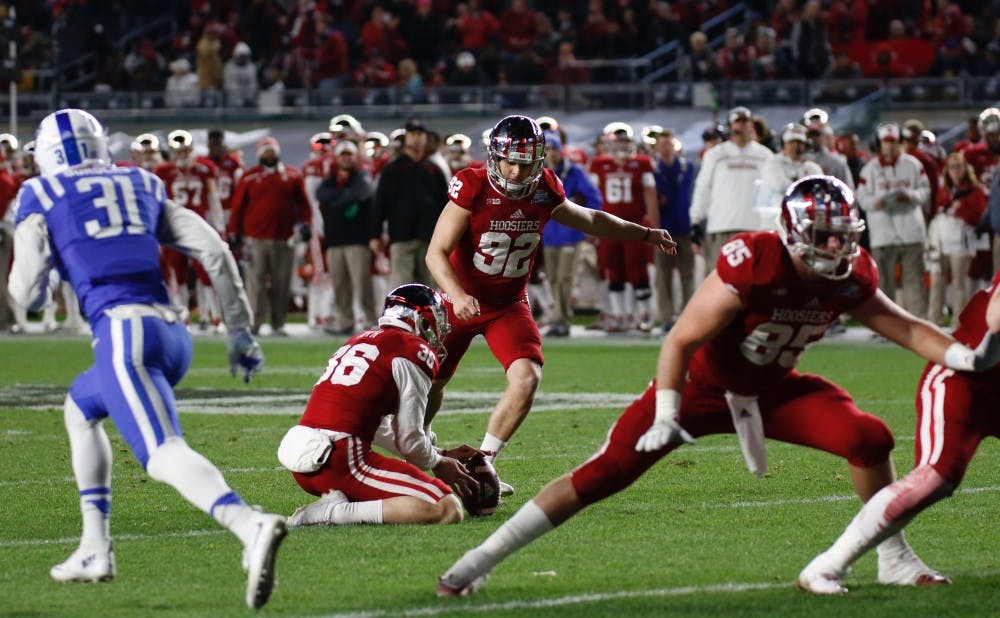 Indiana kicker Griffin Oakes missed a 56-yarder at the end of regulation, and his 38-yard field goal attempt to send the game to a second overtime&nbsp;sailed above and outside the right upright.