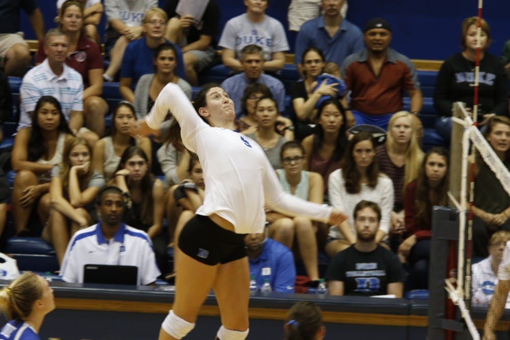 Senior Emily Sklar returned from injury to put down a career-best 27 kills, but it was not enough for the Blue Devils to pull the upset Friday night.