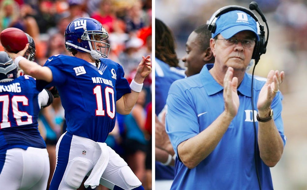<p>David Cutcliffe was Eli Manning's head coach at Ole Miss and has welcomed his protege to Duke for offseason workouts for the last few years.</p>