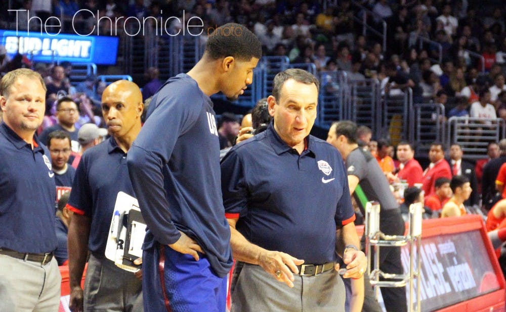 <p>Head coach Mike Krzyzewski and Paul George have built a strong relationship since George suffered a compound fracture in his right leg during a 2014 Team USA scrimmage.&nbsp;</p>