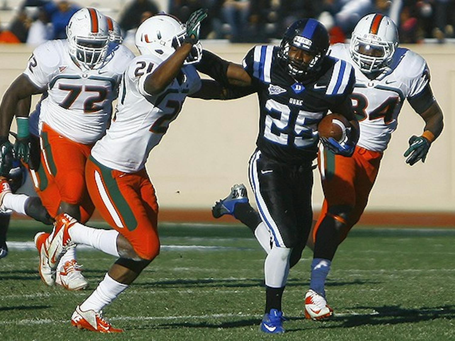 Duke's football team fell to Miami 52-45 in their regular season finale earlier today in Wallace Wade Stadium. Quarterback Sean Renfree threw for four touchdowns in the loss.
