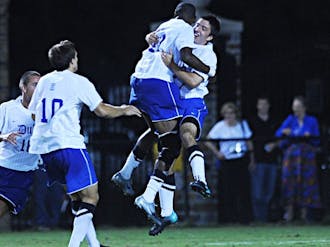 The Blue Devils celebrate after Christopher Tweed-Kent scored his first goal of the year to give Duke the 1-0 win.
