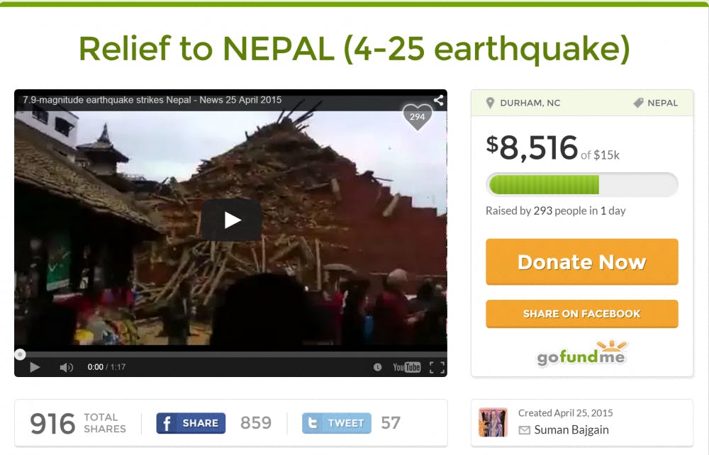 The GoFundMe page started by the four Duke students from Nepal raising relief funds for victims of Saturday's earthquake.