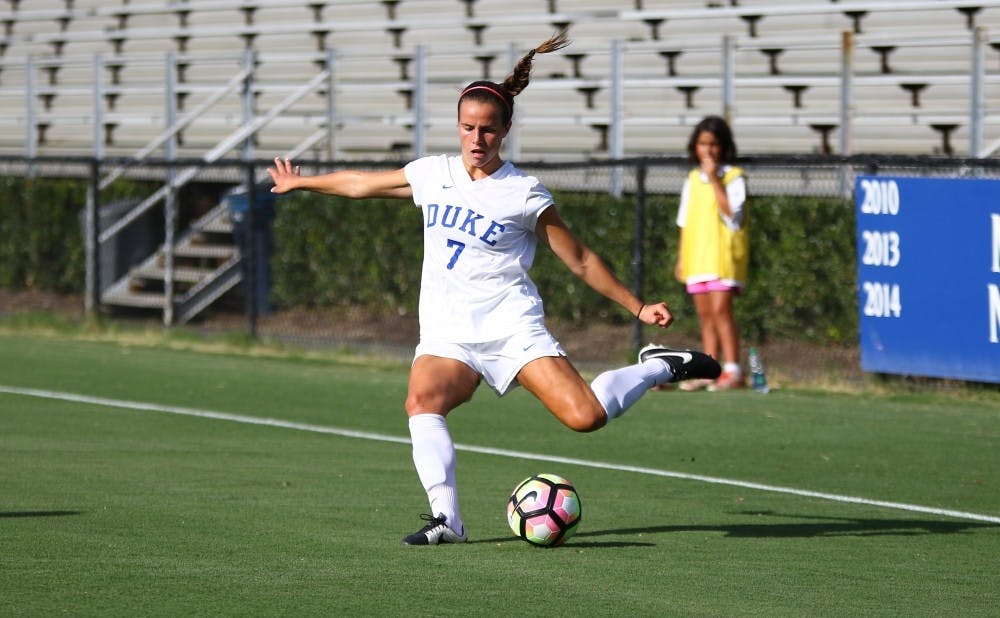 <p>Junior Taylor Racioppi scored one of Duke's goals and drew a foul in the penalty area that led to its other goal in an exhibition victory against Clemson.</p>