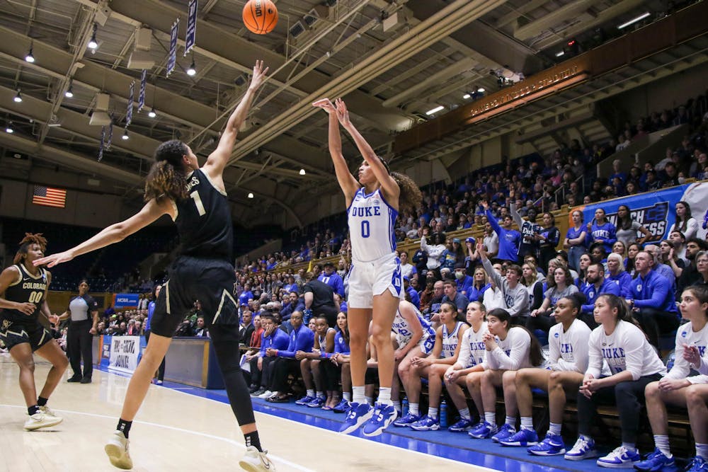 Celeste Taylor attempts a 3-pointer during Duke's season-ending loss to Colorado at Cameron Indoor Stadium.
