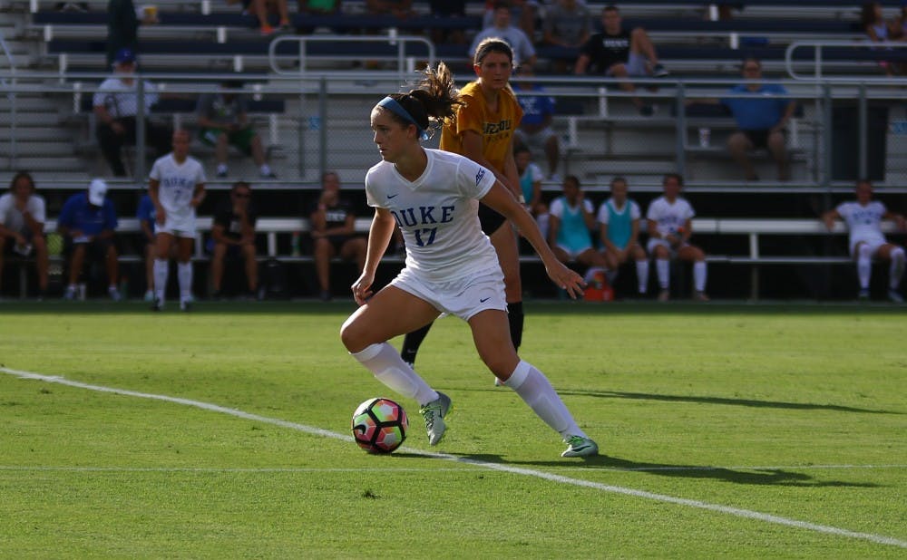 <p>Decorated freshman Ella Stevens scored the first goal of her Duke career Friday on a highlight-reel tally after a feed from Racioppi.</p>