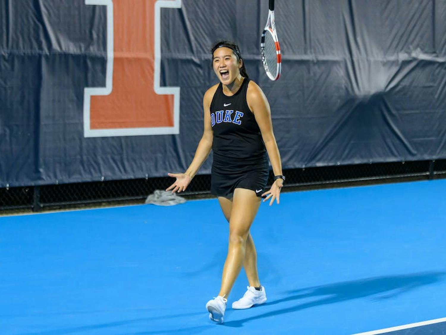 Kelly Chen celebrates after delivering Duke to a 4-3 win against N.C. State in the Elite Eight.