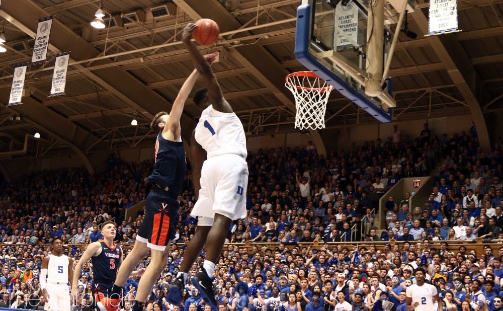 <p>Zion Williamson left Cameron shaking after this massive dunk on Jay Huff in the first half of Saturday's win.</p>