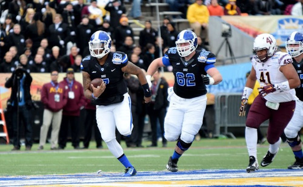 Redshirt senior Matt Skura will look to open up more holes for Blue Devil rushers this fall, as he did for Anthony Boone in the Sun Bowl.