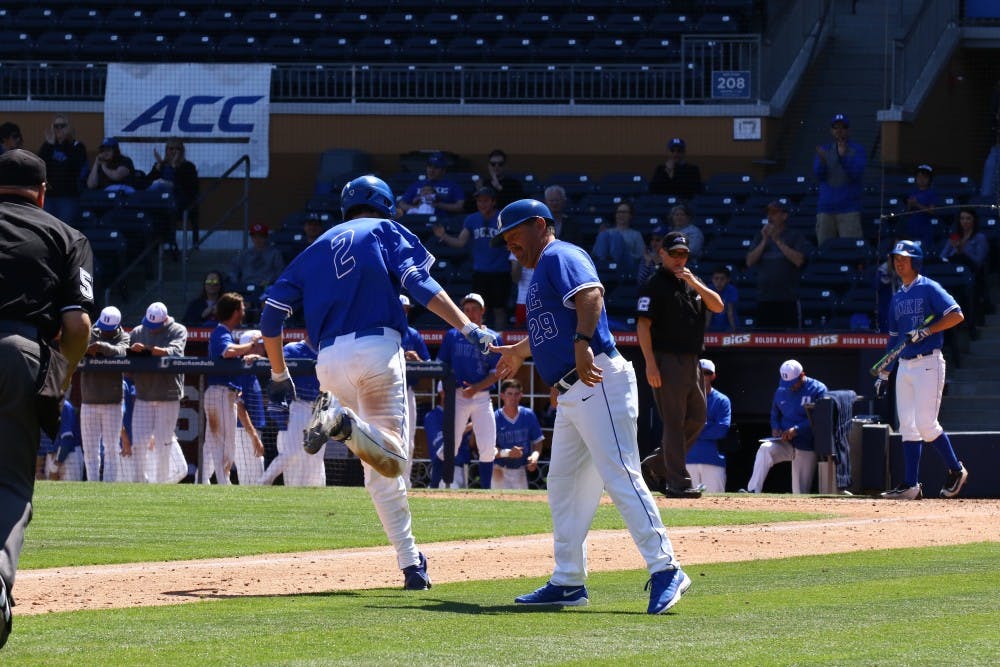 Duke freshman Zack Kone is congratulated after smacking the first home run of his career.