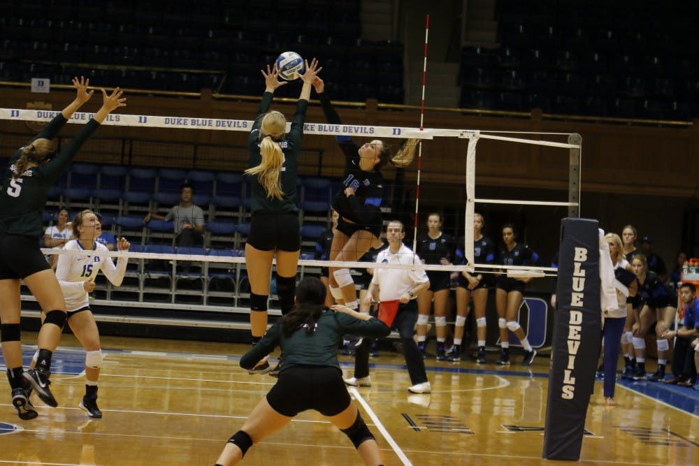 <p>Sophomore Cadie Bates put down seven kills Saturday night, but Michigan State dealt the Blue Devils their second loss in as many nights.</p>