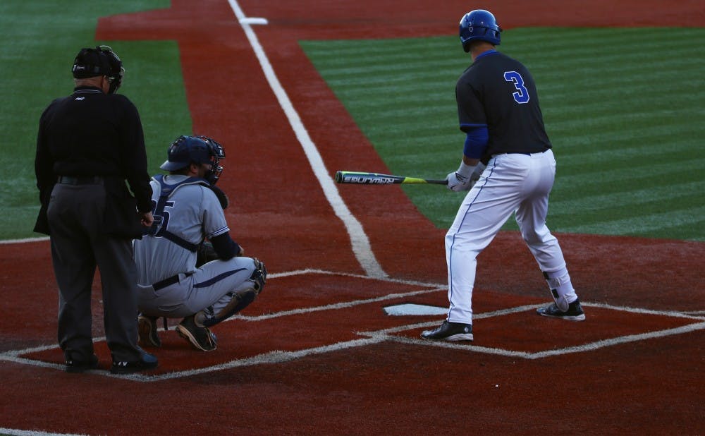 <p>Sophomore&nbsp;Justin Bellinger has been swinging a hot bat of late for the Blue Devils, who go up against Clemson and freshman sensation Seth Beer this weekend at Jack Coombs Field.</p>