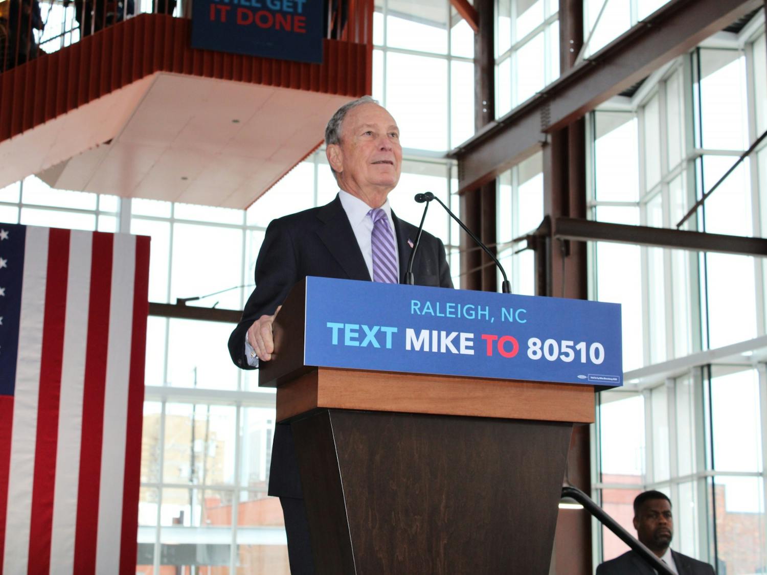 Democratic presidential candidate Michael Bloomberg speaks Thursday, February 13 at Raleigh's Union Station. 