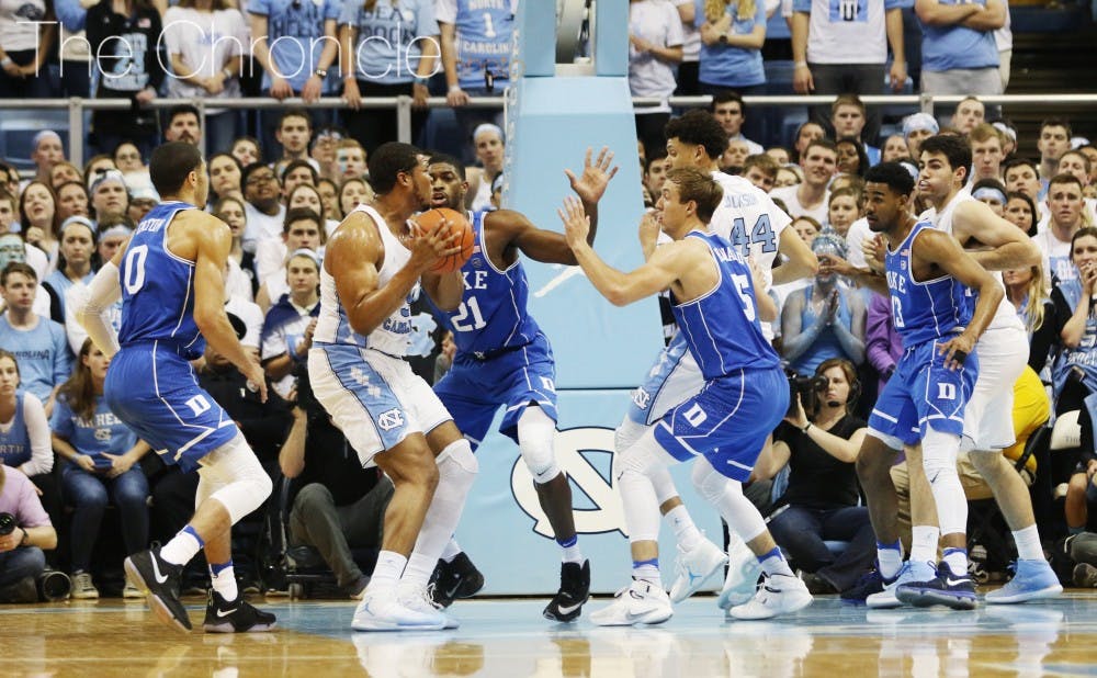 <p>The Blue Devils struggled to handle Kennedy Meeks and the Tar Heel frontcourt in the paint Saturday night.</p>