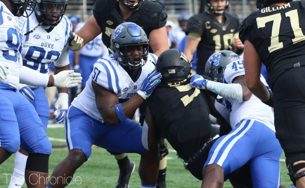 Dimukeje is second in Duke history with 21.5 sacks in 49 starts. 