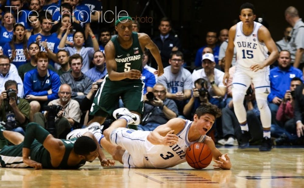 <p>Grayson Allen is known for his active style of play but blatantly tripped an opponent for the third time in his career Wednesday.&nbsp;</p>
