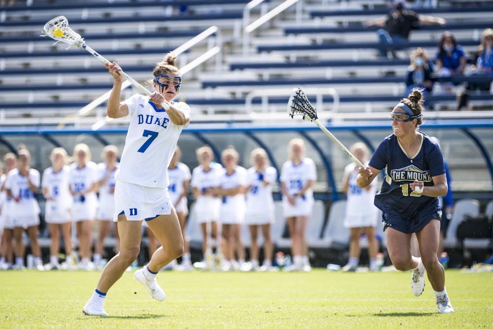 <p>Graduate senior Catherine Cordrey tied her season-high goal mark with four against Mount St. Mary's.</p>