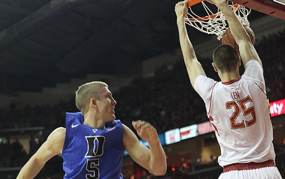 No. 2 Duke was was just short of victory against Maryland, falling to the Terrapins 83-81. The Blue Devils were led by 25 points from senior Seth Curry.Alex Len, who had 19 total points,  dunks over Mason Plumlee in the first half.