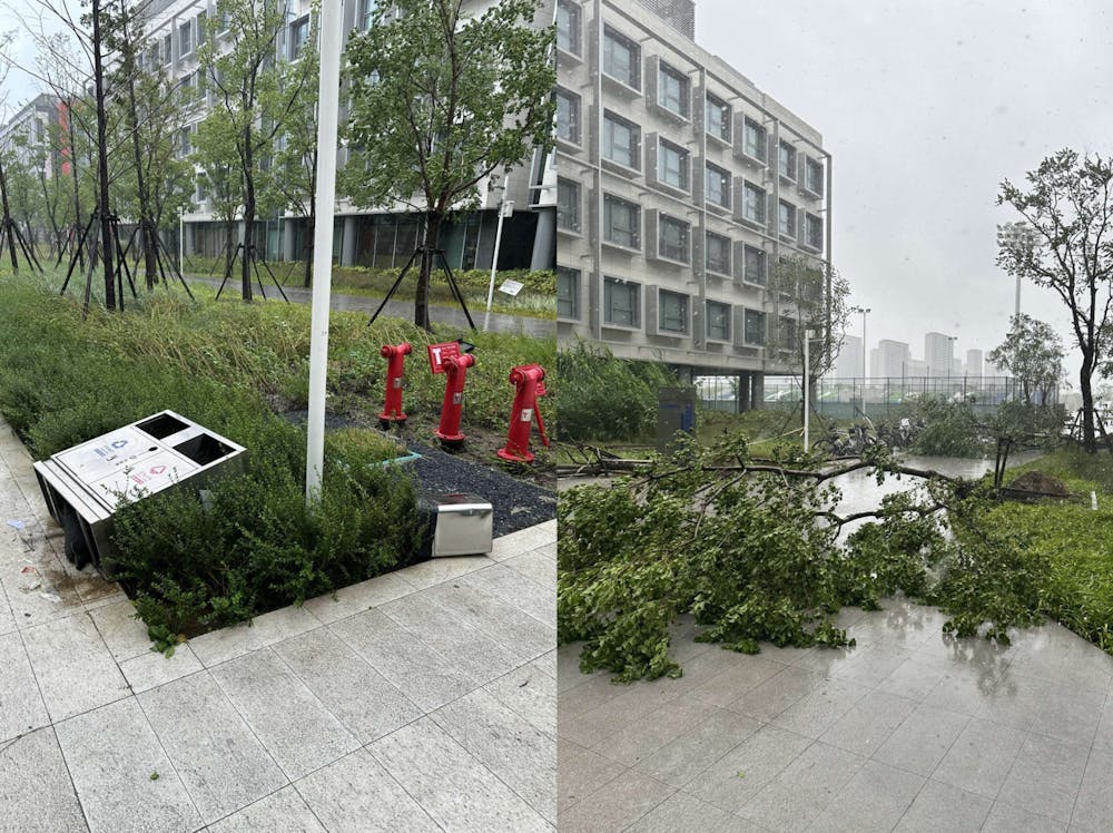 <p>Downed trees and garbage cans on Duke Kunshan University's campus caused by Typhoon Bebinca.</p>