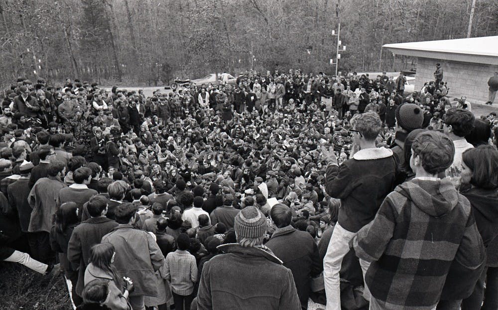 Students gathered to talk with President Douglas Knight. | Courtesy of Duke University Archive