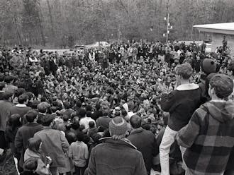Students gathered to talk with President Douglas Knight. | Courtesy of Duke University Archive