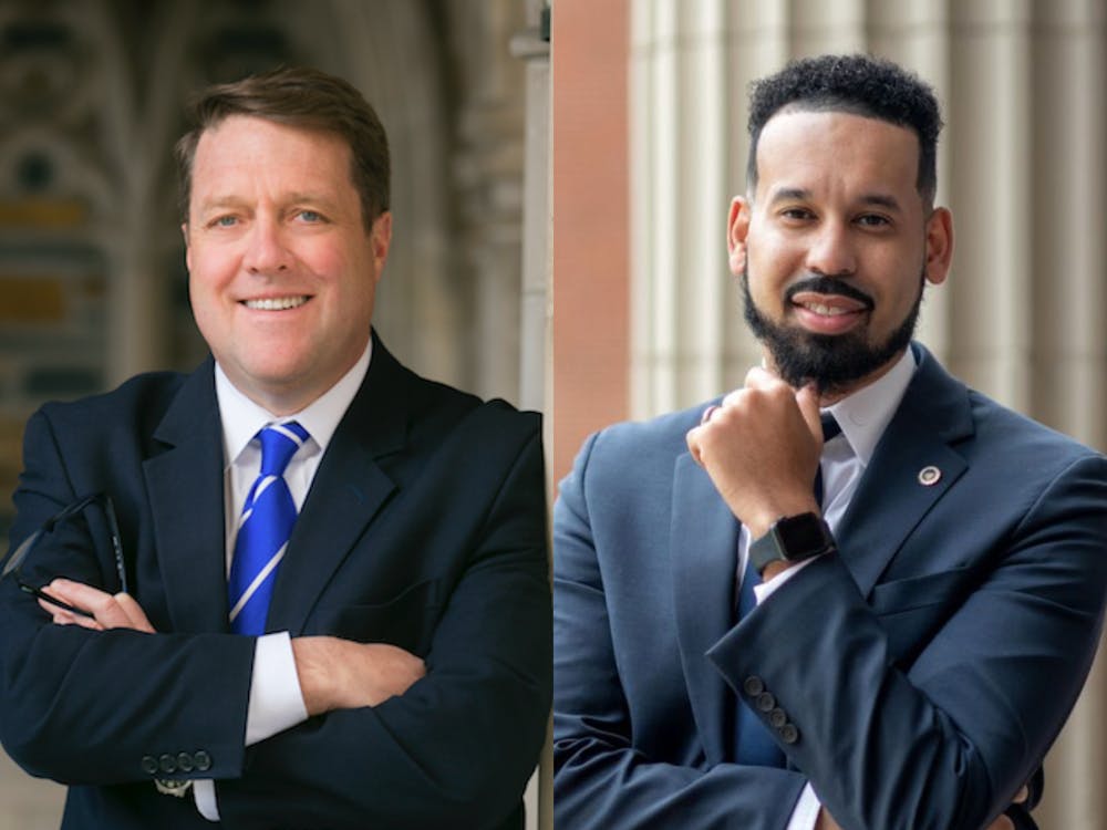 <p>Chris Simmons, left, has been appointed to be Duke’s vice president for government relations. Frank Tramble, right, will begin his tenure as vice president for communications, marketing and public affairs on July 1.</p>