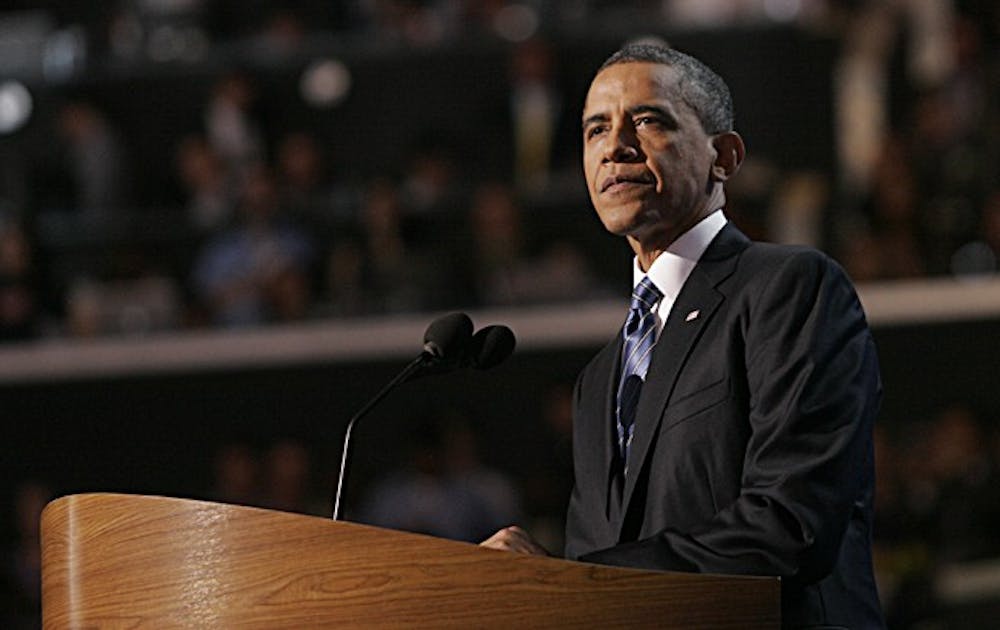 Obama speaks at the Democratic National Convention in Charlotte this September. Tuesday he was re-elected for a second term.