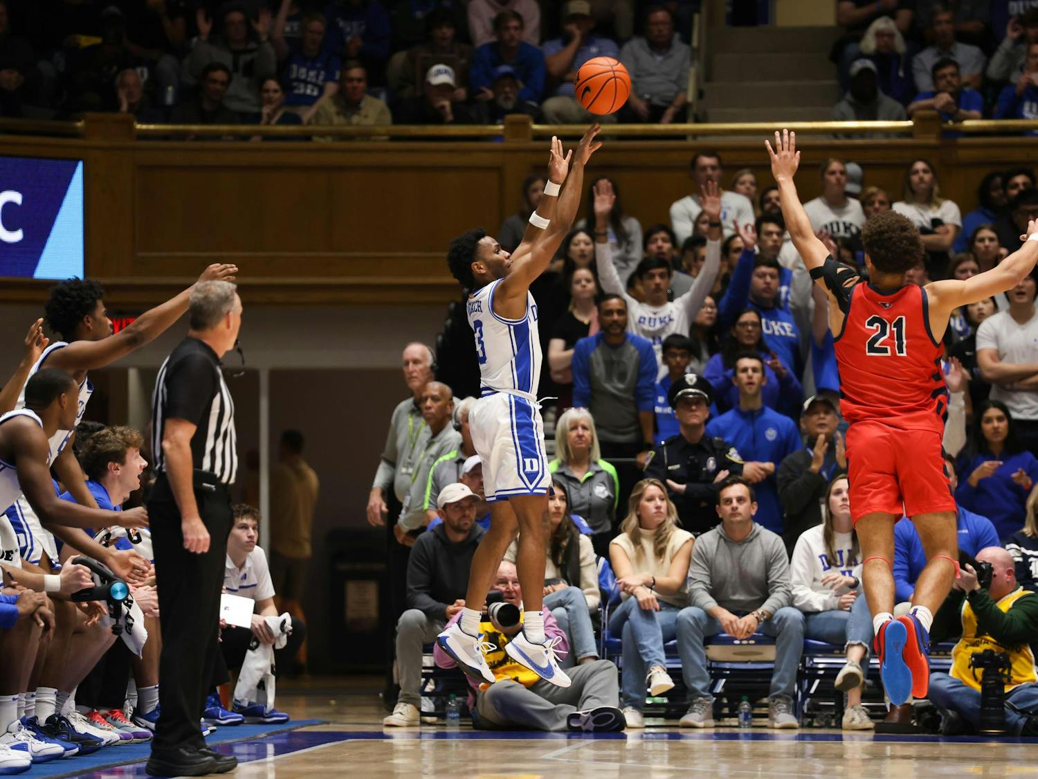 Jeremy Roach lets loose a three during Duke's win against Southern Indiana.