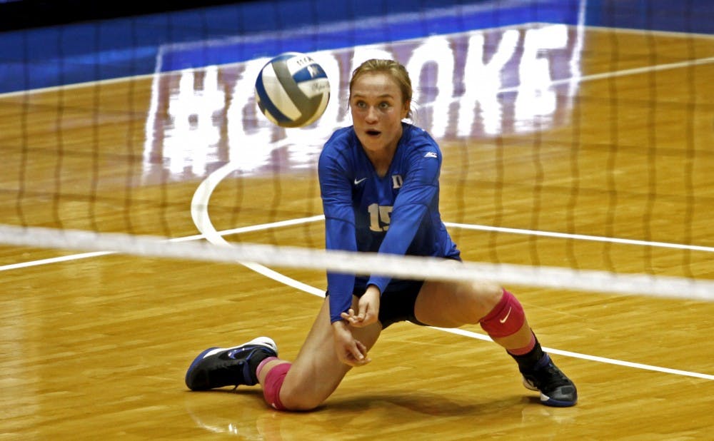 Sophomore libero Sasha Karelov recorded 10 digs in Duke’s victory against Wake Forest Oct. 12, and will look to replicate her success Friday in a rematch with the Demon Deacons. | Lesley Cheng-Young