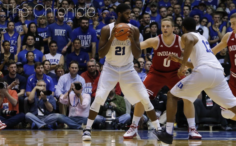 <p>Senior Amile Jefferson flirted with a triple-double Wednesday against the Hoosiers, collecting eight points, 11 rebounds and eight assists.</p>