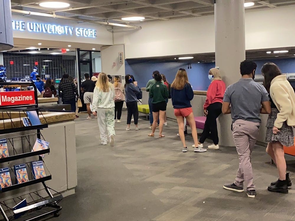 <p>The line at the Lobby Shop was out the door as students flocked to buy food in advance of Duke's announcement of a "stay-in-place" directive, although the final directive said students could leave their rooms or come to campus to buy food.&nbsp;</p>