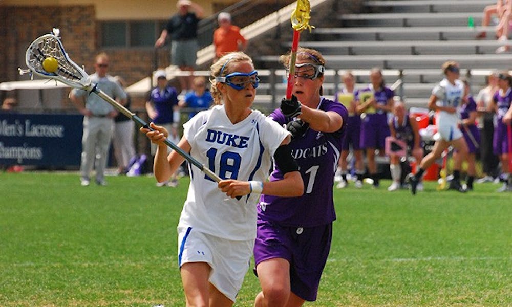 Senior Lindsay Gilbride scored four goals and added two assists for Duke, but it wasn’t enough as No. 1 Northwestern’s offense overwhelmed the Blue Devils, 19-14.