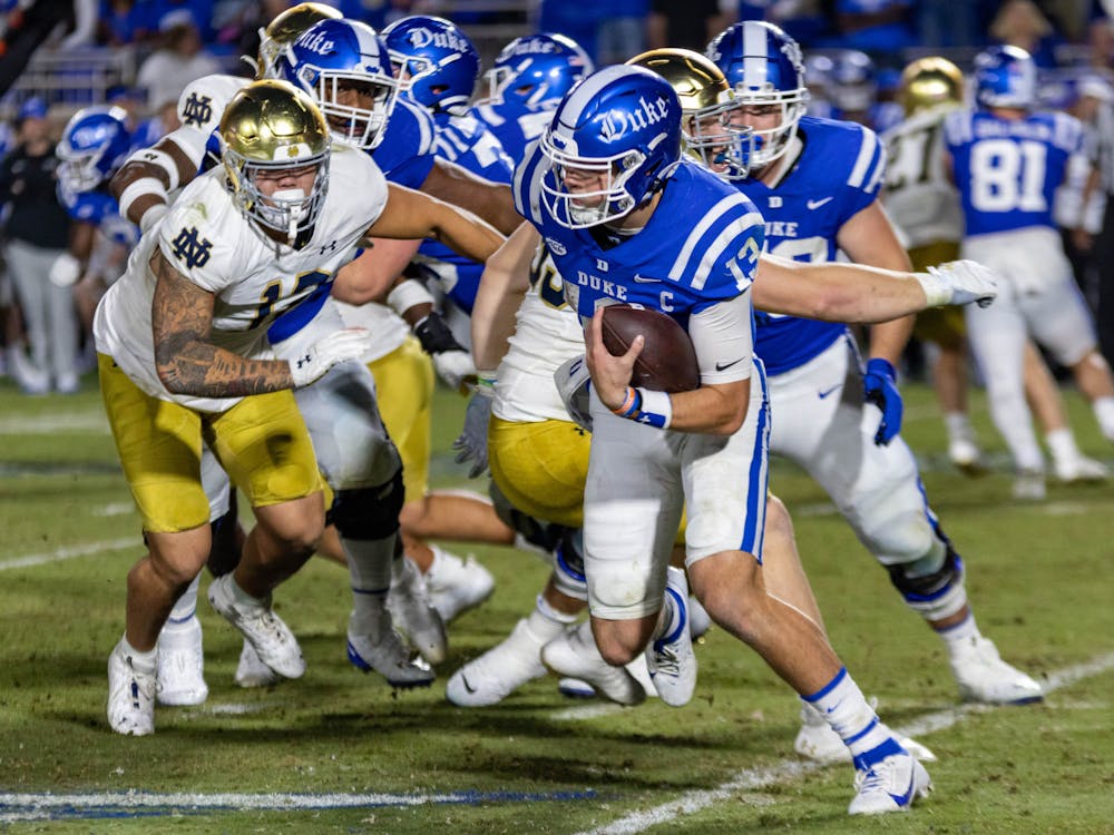 Quarterback Riley Leonard scampers with the ball during Duke's loss to Notre Dame.