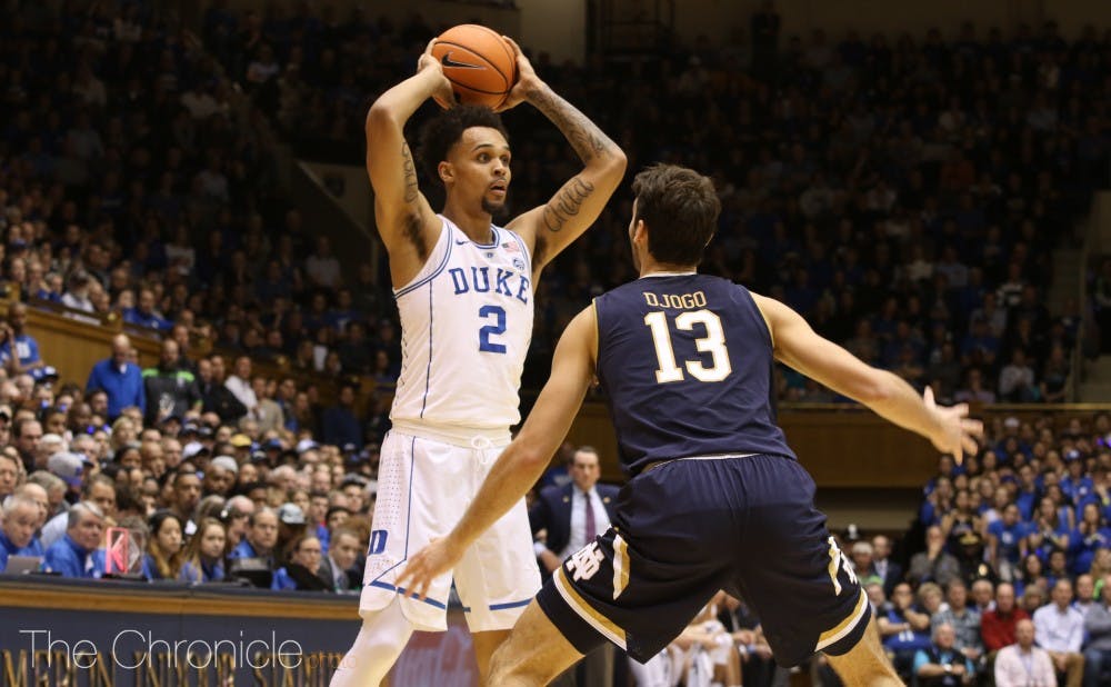 Gary Trent Jr. had a double-double with more than 20 points and 10 rebounds, as Duke's starting backcourt combined to score more than 50 points.