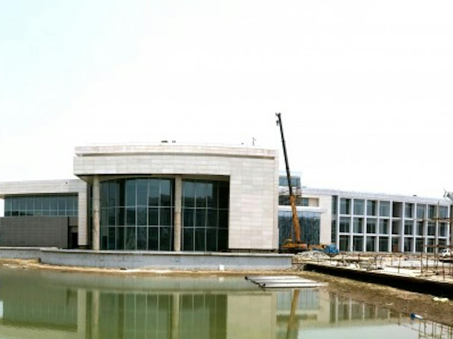 A panoramic view of the back of DKU's academic building and its signature water pavilions.