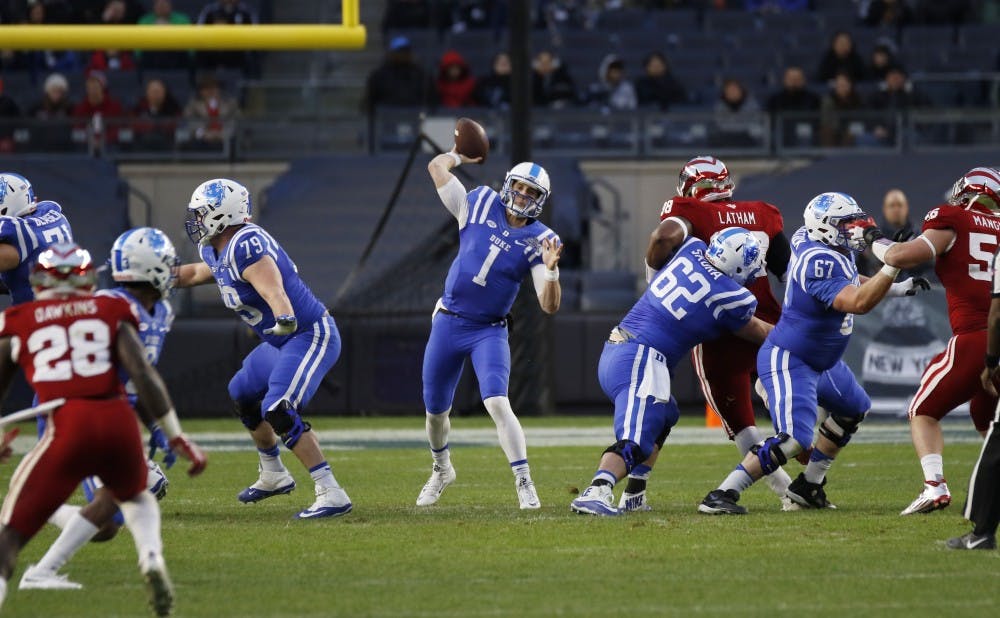 Duke quarterback Thomas Sirk became the latest in a season-long string of Blue Devils to suffer a knee&nbsp;injury when&nbsp;he went down on the first possession of overtime.