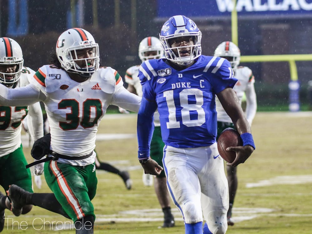 Quentin Harris completed 10 of his 24 pass attempts for 156 yards and one touchdown in his final game as a Blue Devil