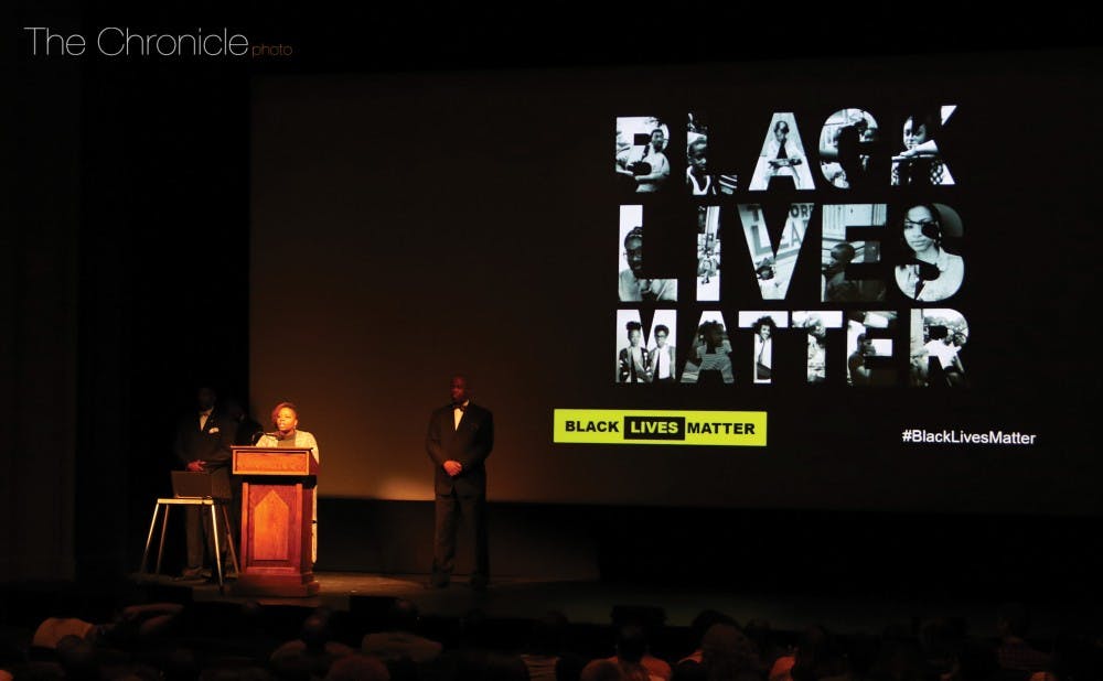 <p>Patrisse Cullors, co-founder of the Black Lives Matter movement, addressed a packed Page Auditorium Wednesday evening.</p>