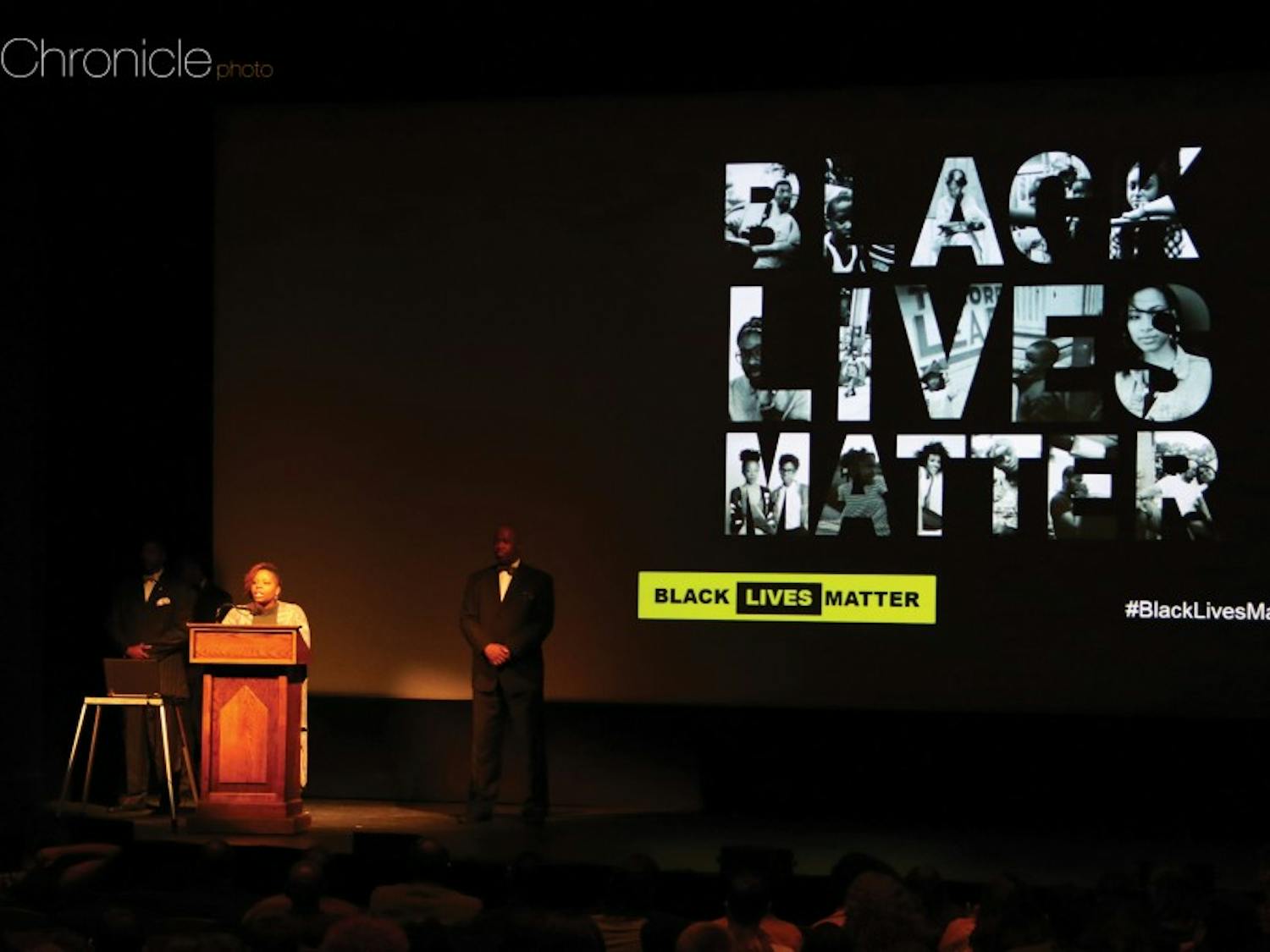 Patrisse Cullors, co-founder of the Black Lives Matter movement, addressed a packed Page Auditorium Wednesday evening.