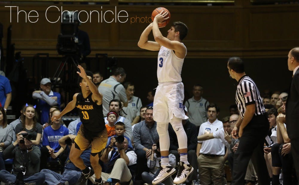 <p>Grayson Allen scored all 21 of his points against Appalachian State in the first half, shooting 6-of-9 from the field.</p>