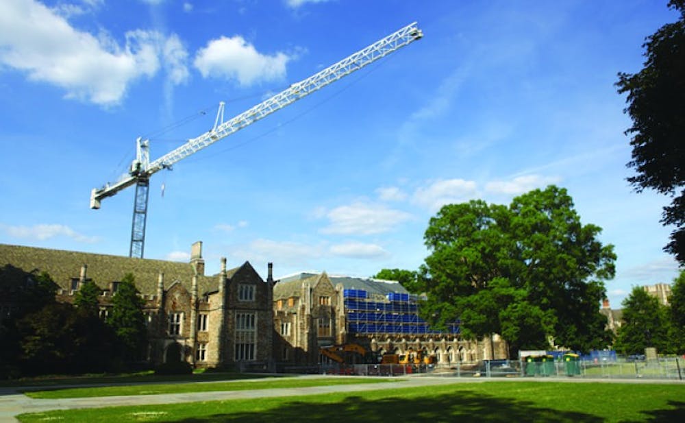 Extensive work is currently being done on either side of the Chapel quadrangle, with the restoration of the West Union on one side and renovations to Perkins and Rubenstein Libraries on the other.