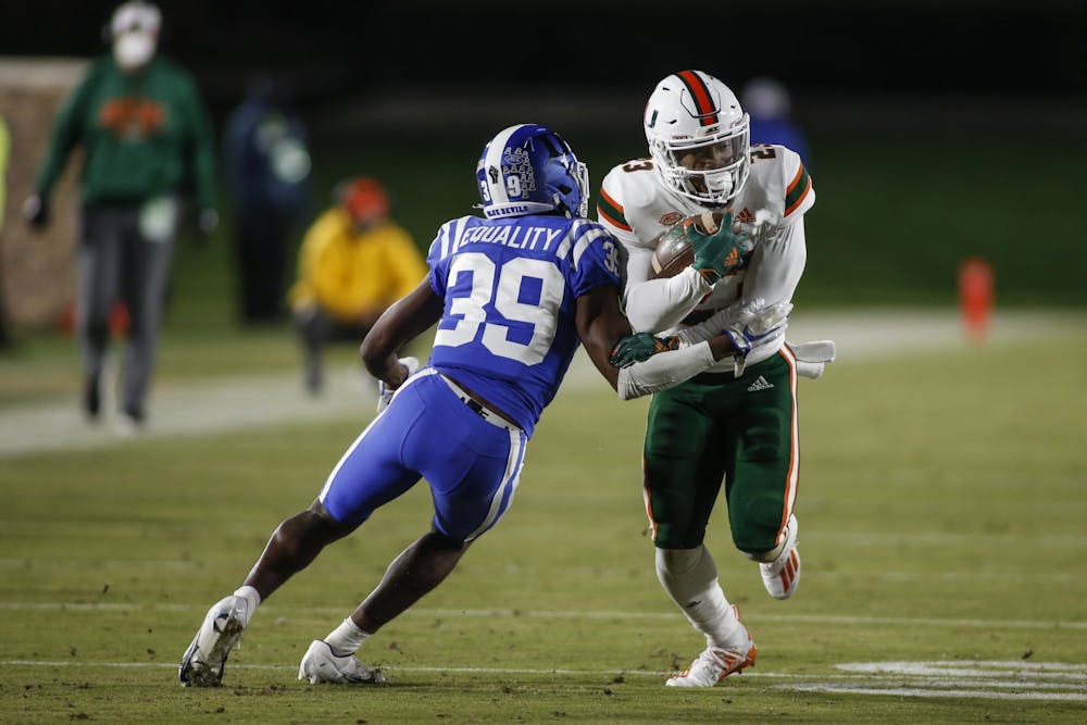 <p>The Blue Devils were dominated on both sides of the ball Saturday night, unable to win their third straight against the Hurricanes.</p>