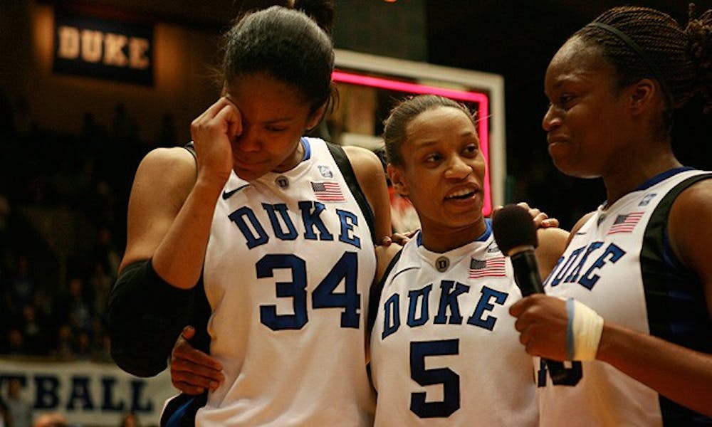 Seniors Jasmine Thomas, Karima Christmas and Krystal Thomas combined for 34 points to lead the Blue Devils to an eight-point win over the Tar Heels on Senior Night at Cameron Indoor Stadium Sunday.