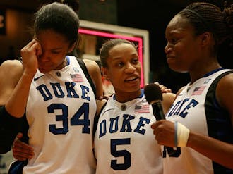 Seniors Jasmine Thomas, Karima Christmas and Krystal Thomas combined for 34 points to lead the Blue Devils to an eight-point win over the Tar Heels on Senior Night at Cameron Indoor Stadium Sunday.