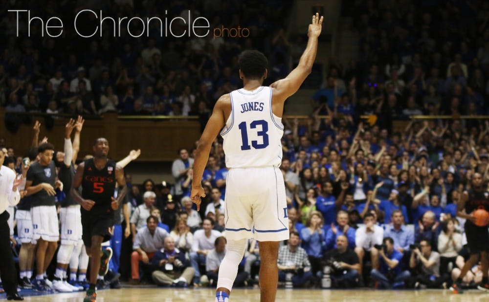 <p>Senior Matt Jones created two huge buckets with steals early in the second half to get Duke's offense going against a physical Miami team.</p>