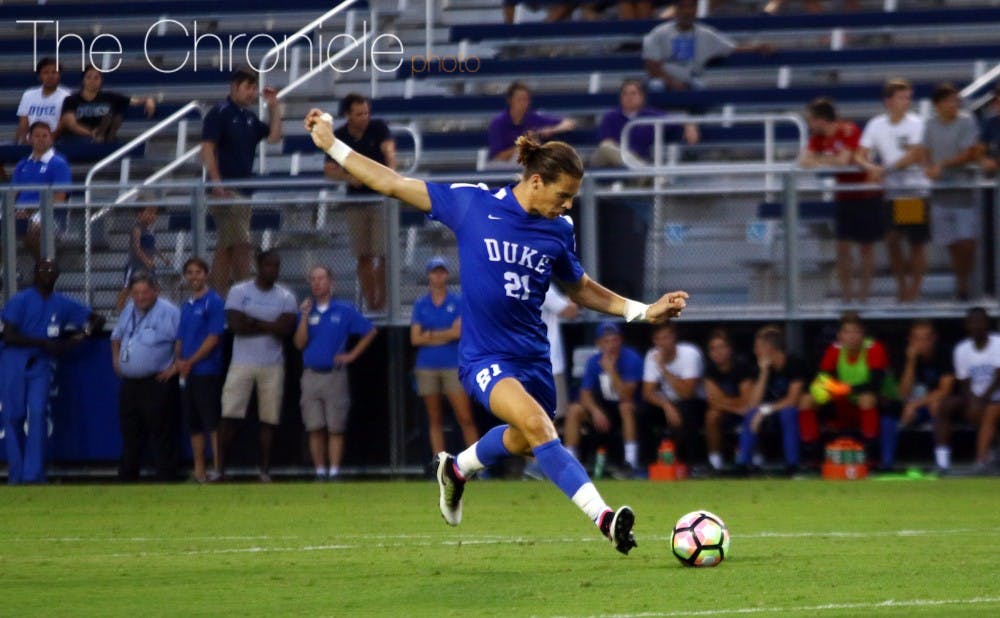 <p>Markus Fjortoft's first goal of the season gave the Blue Devils a 1-0 lead Tuesday and was just Duke's second of the year to come&nbsp;in the first half.&nbsp;</p>