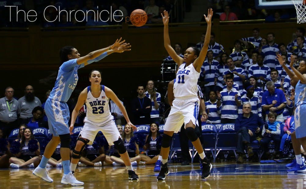 Playing at the top of the Blue Devils' 3-2 zone, Azurá Stevens disrupted North Carolina's offensive flow with her length and athleticism.