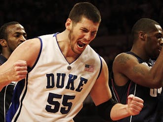 Brian Zoubek, playing near his hometown in New Jersey, collected double-digit rebounds against an athletic Connecticut front line in Duke’s victory Friday.
