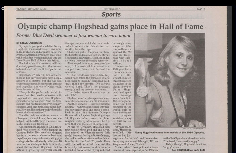 The Sep. 8, 1994 edition of the Chronicle, featuring Hogshead Makar's induction into the Duke Sports Hall of Fame