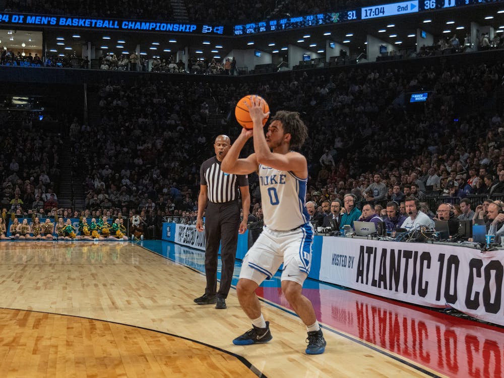 Jared McCain lines up for a 3-point attempt in Duke's NCAA tournament Round of 64 win against Vermont. 